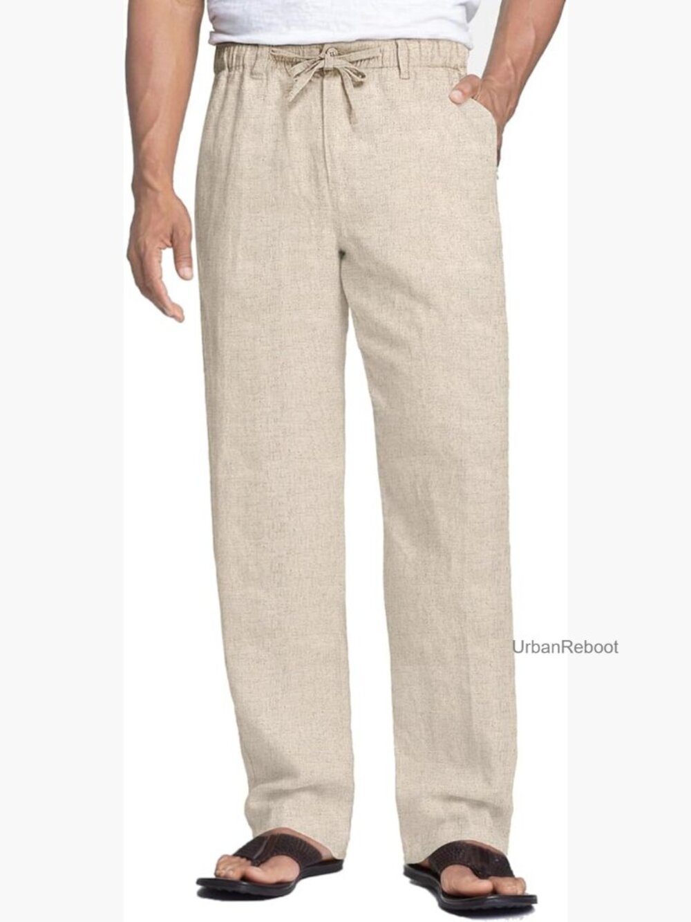 Men's Linen Pants Elastic Waist Drawstring Lightweight Beach Summer Trousers
